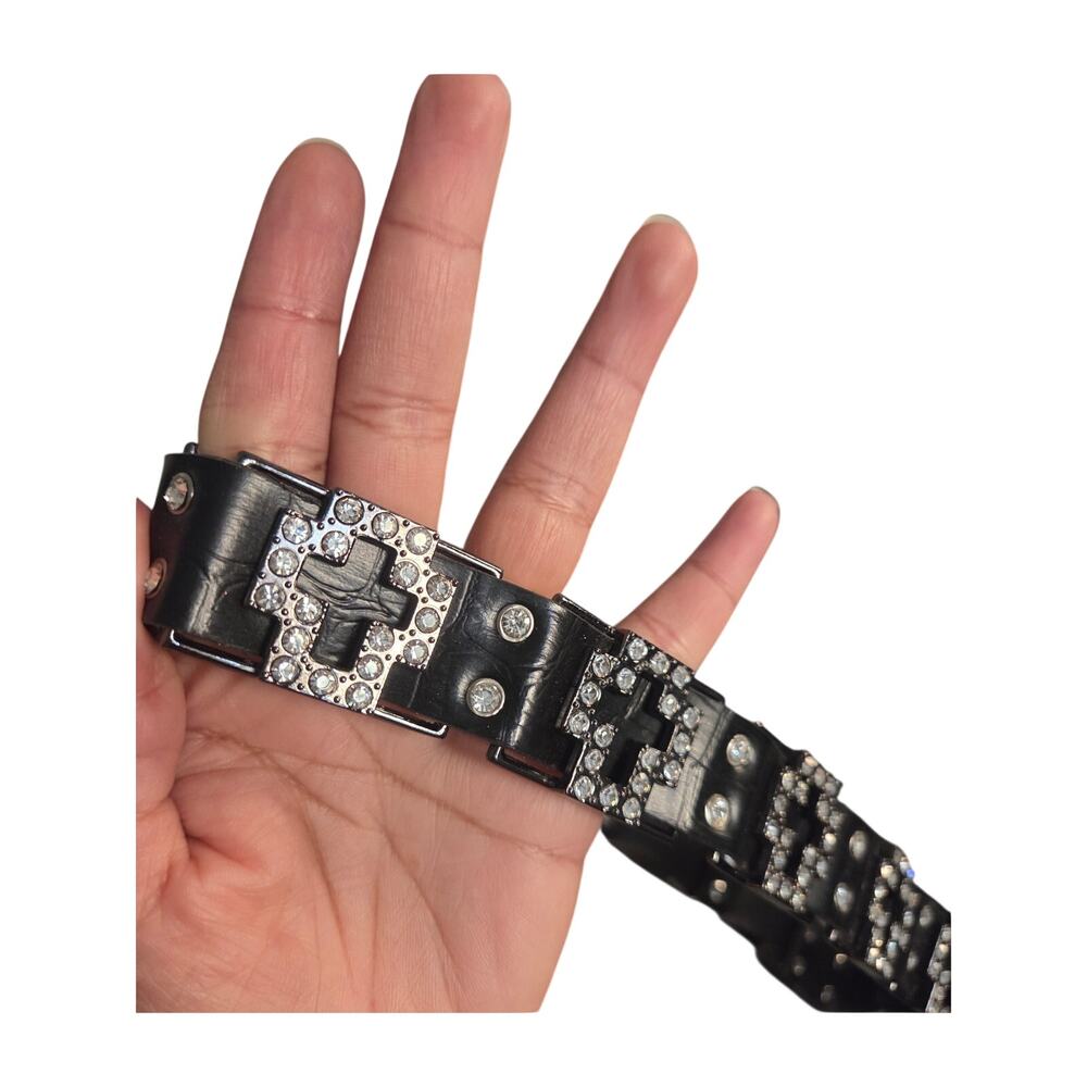 Vintage 90s Y2K Rhinestone Cross Black Leather Belt Whimsigoth Grunge Goth 29